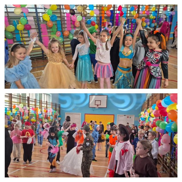 W Tłusty Czwartek w naszej szkole odbył się bal karnawałowy dla najmłodszych uczniów. Wydarzenie poprowadził animator, który zadbał o świetną atmosferę i wiele atrakcji. Dzieci chętnie brały udział w konkursach z nagrodami, co wzbudzało dużo radości i emocji. Uczniowie byli pięknie przebrani w kolorowe, kreatywne stroje, a sala nabrała bajkowego charakteru.