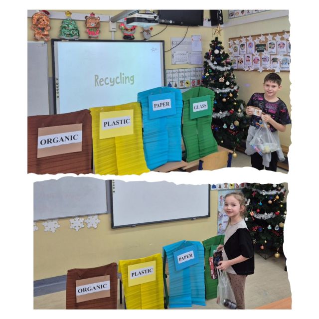 W ramach projektu „Dwujęzyczność łamie bariery” uczniowie klas 3a i 1a podczas zajęć ECO CLIL realizowali temat związany z segregacją odpadów. W trakcie wspólnej zabawy dzieci utrwalały zdobytą wiedzę, segregując śmieci do specjalnie przygotowanych koszy opisanych w języku angielskim oraz nazywając odpady również po angielsku. Zajęcia miały formę aktywnej zabawy, dzięki czemu nauka ekologii i języka była dla uczniów przyjemna i angażująca. 🌍♻️