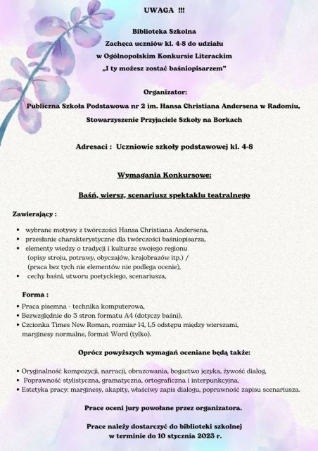 XVI edycja Ogólnopolskiego Konkursu Literackiego "I ty możesz zostać baśniopisarzem". 